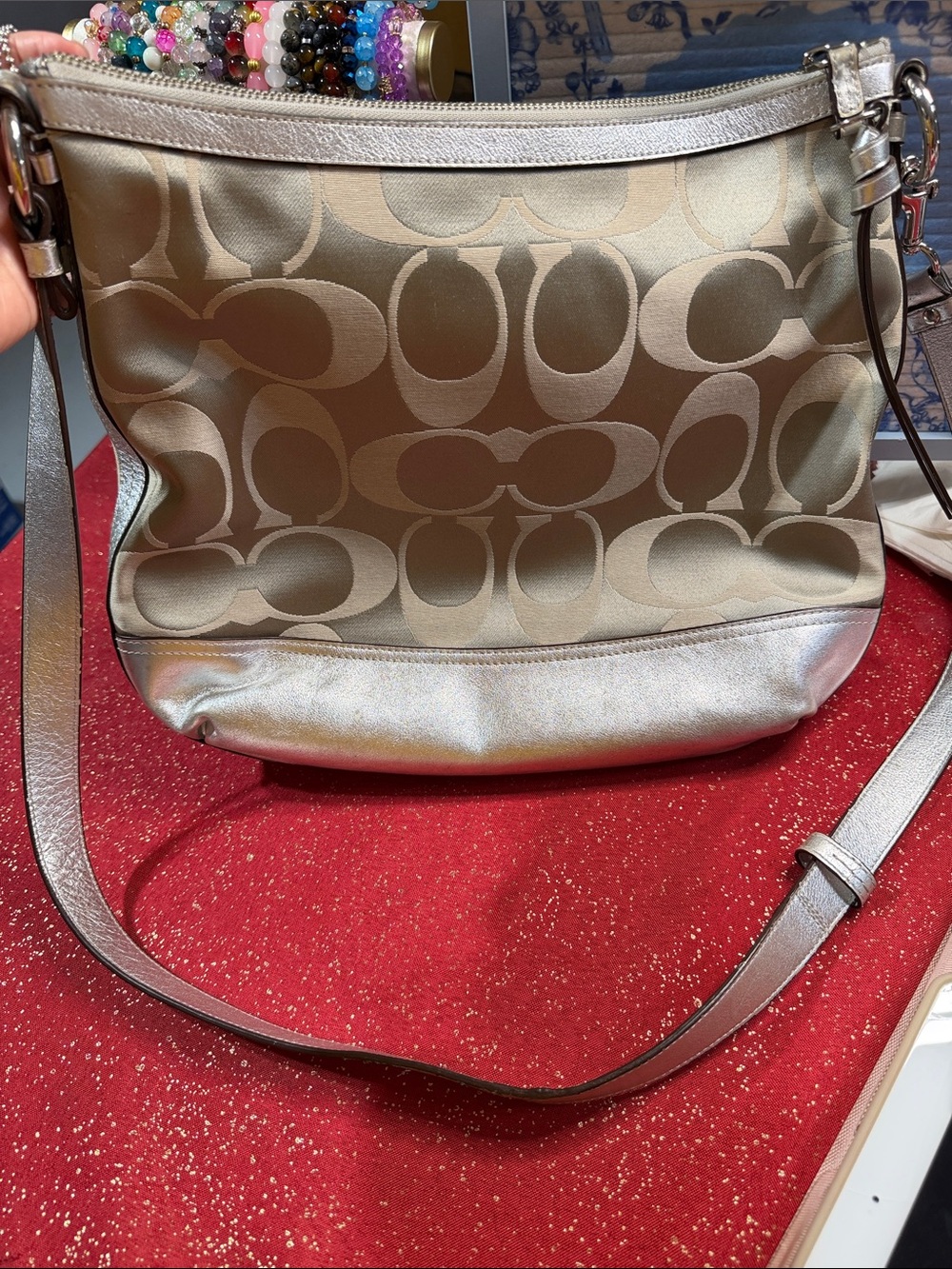 Coach Metallic Champagne Signature crossbody Bag with Silver Trim